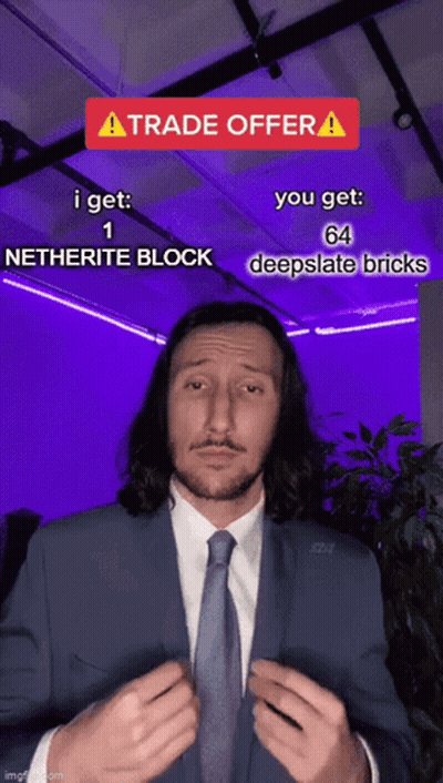 Man In Suit Making Trade Offer For Netherite Block GIF