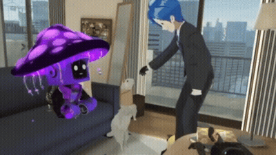 Man In Suit Next To Purple Mushroom Robot GIF