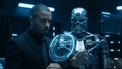 Man In Suit Next To Robot Saying Michael Astelz GIF