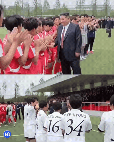 Man In Suit Next To Soccer Players With Numbers 16 34 GIF