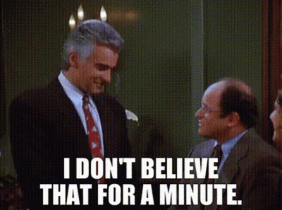 Man In Suit Next To Woman Saying I Don't Believe That For A Minute GIF
