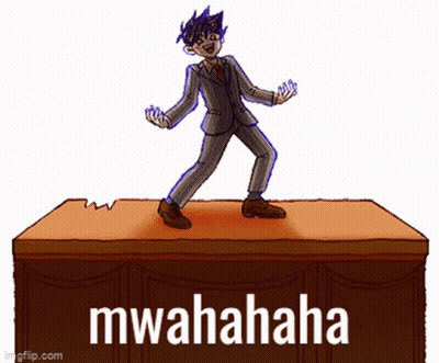 Man In Suit On Desk Saying Mwahaha GIF