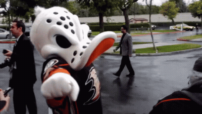 Man In Suit Passing Duck Mascot GIF
