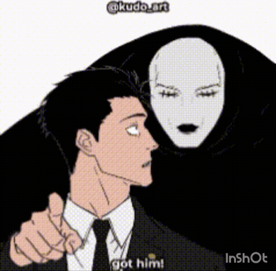 Man In Suit Pointing At Monster With Mask GIF