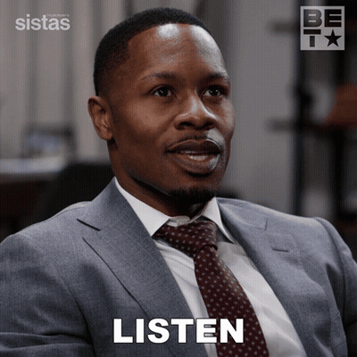 Man In Suit Saying Listen Sistas Logo GIF