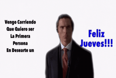 Man In Suit Says Feliz Jueves In Blue Letters GIF