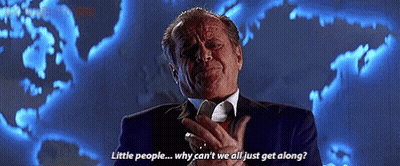 Man In Suit Says Little People Why Can't We All Just Get Along GIF