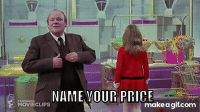 Man In Suit Says Name Your Price To Woman In Red Dress GIF