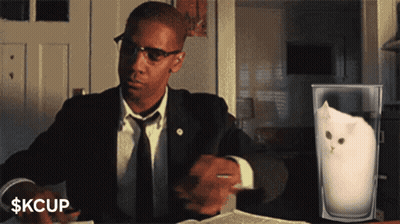 Man in Suit Sitting at Desk With Milk and Cat