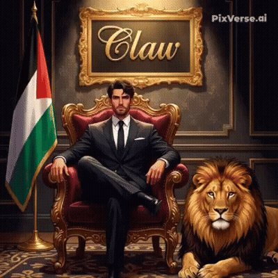 Man In Suit Sitting Next To Lion And Claw Sign GIF