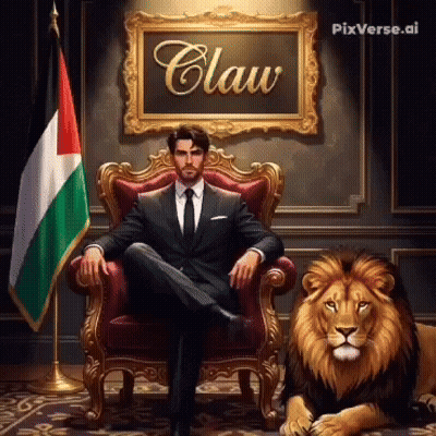 Man In Suit Sitting Next To Lion With Claw Above GIF