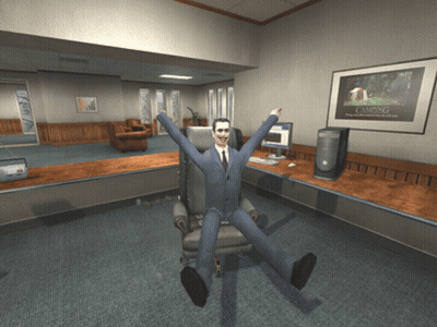 Man In Suit Sitting With Arms Outstretched In Office With Camping Poster GIF