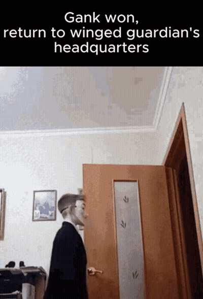 Man In Suit Standing Before Door Caption Gank Won Return To Winged Guardian's Headquarter GIF