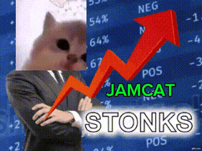 Man In Suit Standing Before Jamcat Stonks Arrow GIF