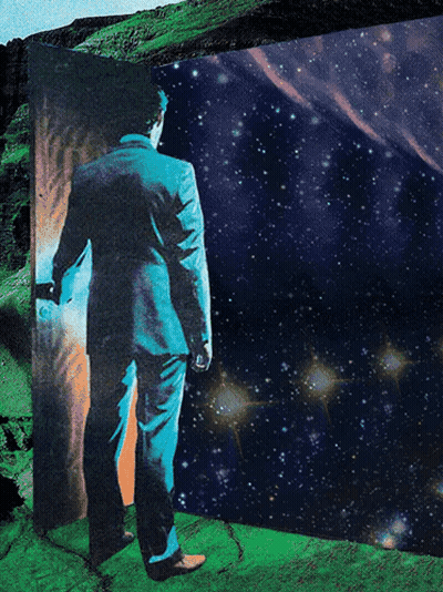 Man In Suit Standing Before Open Galaxy Door GIF