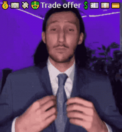 Man In Suit Standing Before Trade Offer Screen GIF