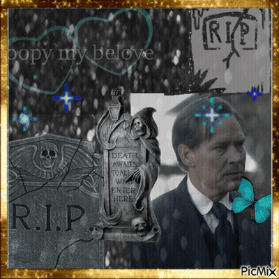 Man In Suit Standing By R.I.P. Tombstone GIF