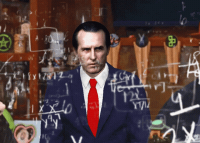 Man In Suit Standing In Front Of Chalkboard With Equations GIF
