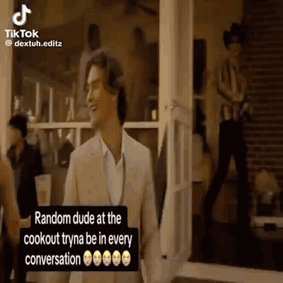 Man In Suit Standing In Front Of Door Saying Random Dude At The Cookout Tryna Be In Every Conversation GIF