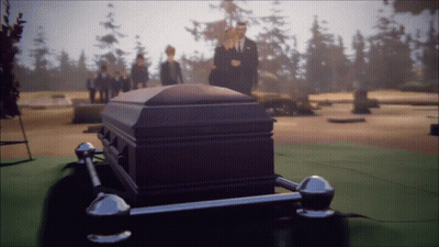 Man In Suit Standing Next To Coffin GIF