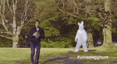 Man In Suit Standing Next To White Bunny GIF