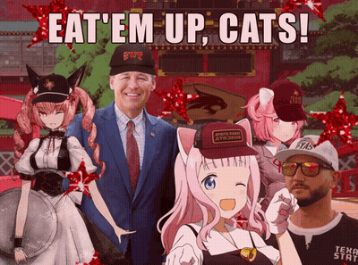 Man In Suit Surrounded By Anime Characters Eat Em Up Cats GIF