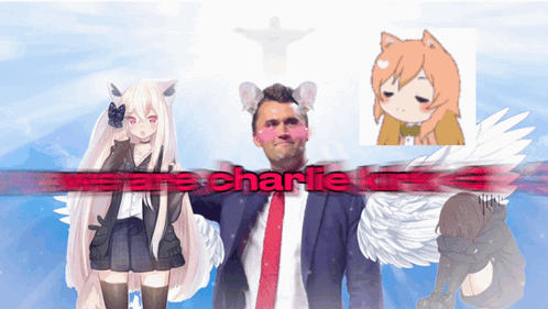 Man In Suit Surrounded By Anime Girls Saying We Are Charlie GIF