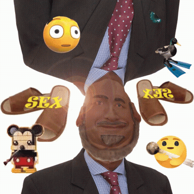 Man In Suit Surrounded By Emoji And Slippers Saying Sex GIF