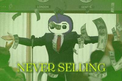 Man In Suit Surrounded By Money Saying Never Selling GIF