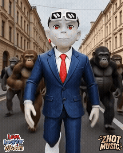 Man In Suit Surrounded By Monkeys Love Laughter Wisdom GIF