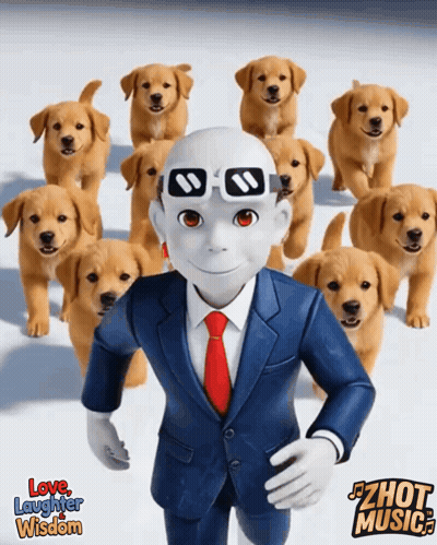 Man in Suit Surrounded by Puppies Love Laughter Wisdom