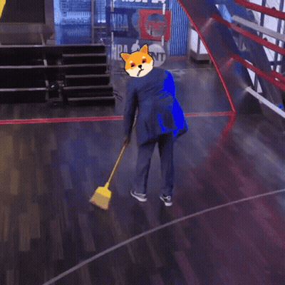 Man In Suit Sweeping Floor In Front Of NBA Logo GIF