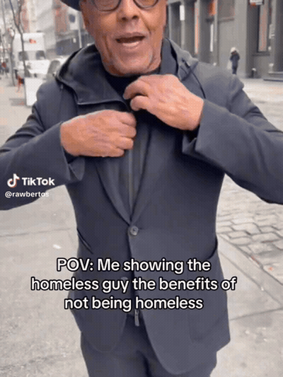 Man In Suit Talking About Benefits Of Not Being Homeless GIF