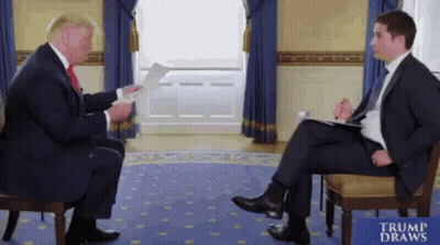 Man In Suit Talking To Man With Trump Draws Sign GIF