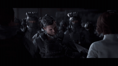 Man In Suit Talking To Woman Before Soldiers GIF