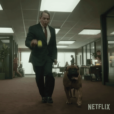 Man In Suit Walking Dog With Netflix Logo GIF