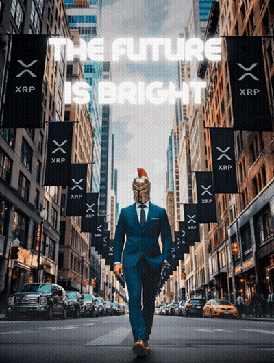 Man In Suit Walking On City Street With XRP Banners GIF