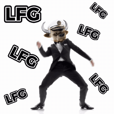 Man In Suit With Bull's Head Surrounded By LFG Logos GIF