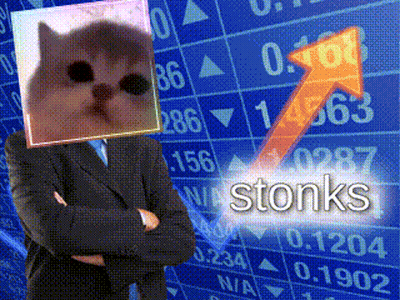 Man In Suit With Cat On Head And Stonks Chart GIF