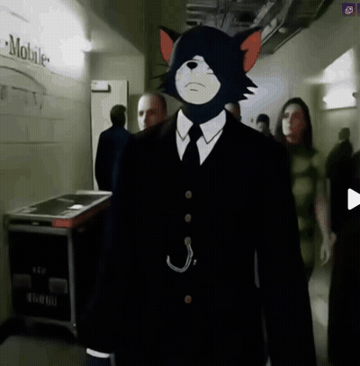 Man In Suit With Cat On Head Walking Past Mobile Sign GIF