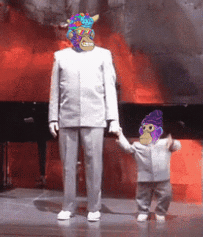 Man In Suit With Colorful Mask Holding Child's Hand GIF