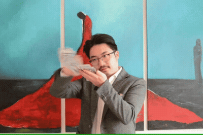 Man In Suit With Money Next To Red Dress Painting GIF