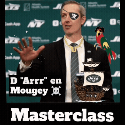 Man In Suit With Pirate Eye Patch And Jet Ship GIF