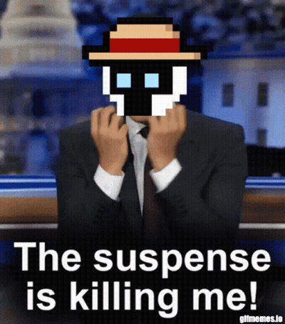 Man In Suit With Pixelated Skull Saying The Suspense Is Killing Me GIF