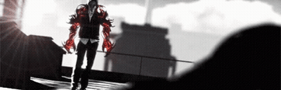 Man In Suit With Red Arms Walking On Balcony GIF