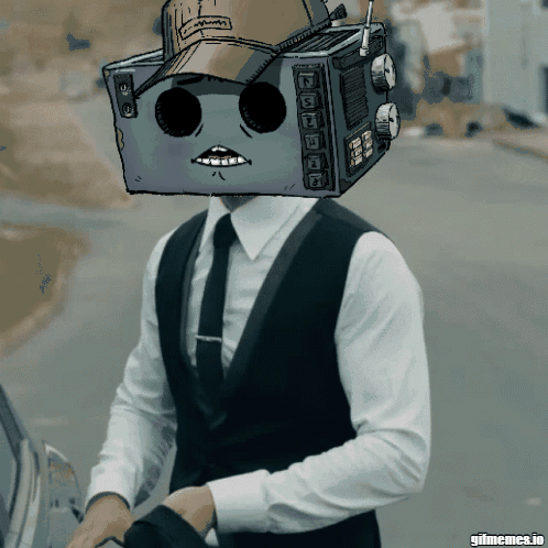 Man In Suit With Supreme Box On Head GIF