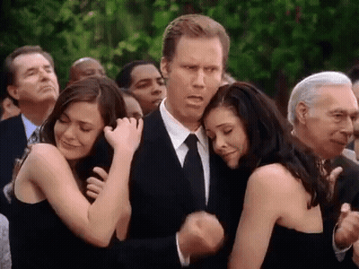 Man In Suit With Two Women In Black Dresses Funeral GIF