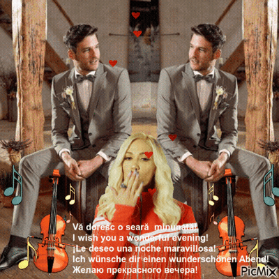 Man In Suit, Woman In Red Jacket, Violin GIF