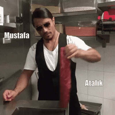 Man In Sunglasses And Apron Holding Meat GIF