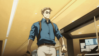 Man In Sunglasses And Blue Shirt Walking Through Building GIF